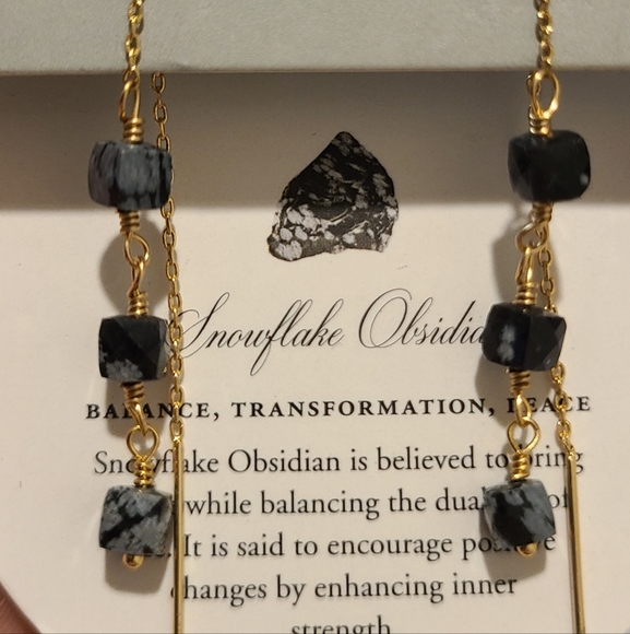 LUNA NORTE 14K GOLD PLATED ON BRASS CHANDELIER SNOWFLAKE OBSIDIAN GEMSTONE - Picture 2 of 12